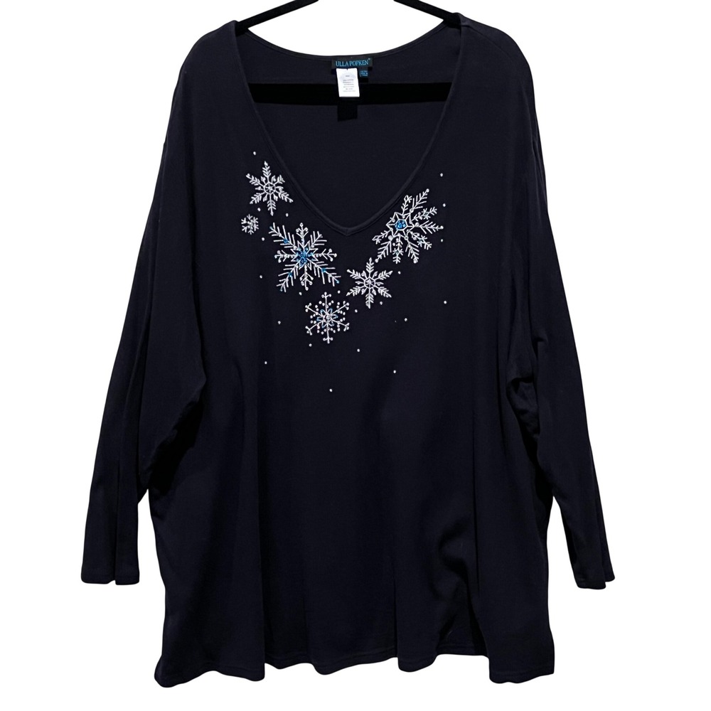 Ulla Popken Womens Black Cotton Snowflake Rhinestone‎ V-Neck Top Plus Size 28/30